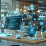 Modern office workspace with digital elements.